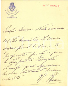 1933 ROMA Ospedali Riuniti - Lettera presidente Giuseppe SPANO - AUTOGRAFO