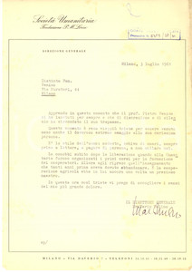1961 MILANO Società Umanitaria - Lettera Mario MELINO per condoglianze AUTOGRAFO