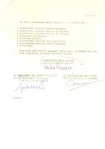 1960 ca MILANO Scuola Agraria Femminile - Invito alla sottoscrizione - AUTOGRAFI Lettera dattiloscritta, con firma autografa del presidente Pietro Venino, del provveditore Mario Marcazzan e dell'ing. Guido Ucelli.La lettera invita potenziali sottoscrittori a sostenere la scuola, duramente provata dalla guerra.CONDIZIONI: G (lievi piegature d'epoca)PAGINE: 2     originale e autentica 1