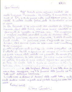 Autografo originale 1961 MILANO PSI Lettera Libero CAVALLI sul congresso provinciale  AUTOGRAFO 1