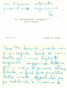 1958 ALBISOLA Biglietto Emanuele BARILE medico chirurgo - AUTOGRAFO
