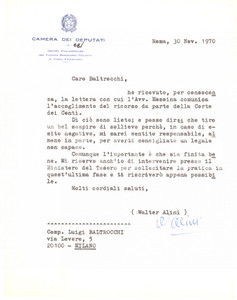 1970 ROMA Lettera on. Walter ALINI per accoglimento di ricorso - AUTOGRAFO