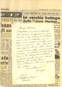 1951 VENEZIA Lettera Giorgio ZAMBERLAN per articolo vecchia Treviso - AUTOGRAFO