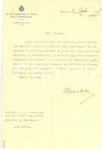 1927 ROMA Lettera Alessandro MARTELLI Sottosegretario Comunicazioni - AUTOGRAFO