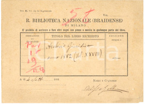 1888 MILANO Biblioteca BRAIDENSE - Modulo Ulisse GOBBI per libro - Autografo