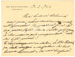 1922 SELLIA MARINA Biglietto Ercole POERIO PITERA' per condoglianze - AUTOGRAFO