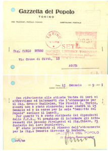 1939 TORINO GAZZETTA DEL POPOLO Cartolina intestata per abbonamento FG VG