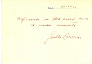 1951 Università di TRIESTE Biglietto prof. Giulio CERVANI per auguri - AUTOGRAFO