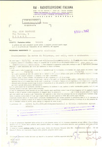 1962 RAI ROMA Contratto tenore Aldo BERTOCCI per concerto sinfonico a Milano