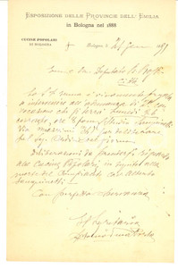 1891 BOLOGNA Lettera Antonio DELLA PORTA per assemblea Cucine Popolari AUTOGRAFO