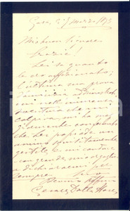 1893 BOLOGNA Cesare DALLA NOCE ringrazia per le condoglianze - AUTOGRAFO