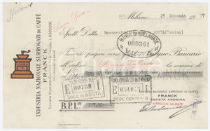 Oggetto da collezione cartaceo 1927 MILANO FRANCK Industria Surrogati di Caffé Assegno bancario pubblicitario 1
