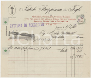 1921 TORINO Via Milano 1 - Natale STROPPIANA & Figli Ferramenta - Fattura