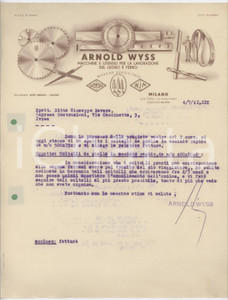 1941 MILANO - Arnold WYSS Invio coltelli da pialla in acciaio rapido - Lettera