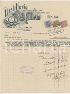 1924 THIENE (VI) Fratelli FABRIS Distilleria e Fabbrica liquori - Fattura Fattura commerciale d'epoca dattiloscritta, su carta intestata.Presenti marche da bollo.PAGINE: 1 FAIR/discreto piegature d'epoca; lieve strappo al margine destro Formato: 23x28 cm originale e autentica 1