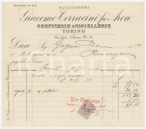 1911 TORINO Via Carlo Alberto 33 Giacomo TERRACINI fu Aron Oreficerie - Fattura