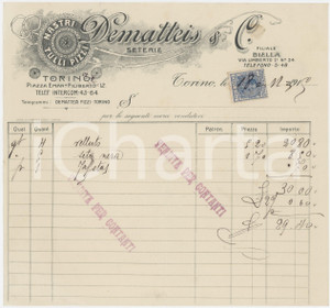1919 TORINO Piazza Emanuele Filiberto 12 - DEMATTEIS & C. Seterie - Fattura