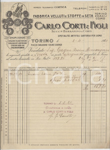 1920 TORINO Piazza Carignano - Carlo CORTI & Figli Fabbrica velluti - Fattura