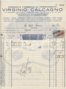 1927 TORINO Via Madama Cristina 2 Virginio CALCAGNO Fabbrica Ferramenta *Fattura