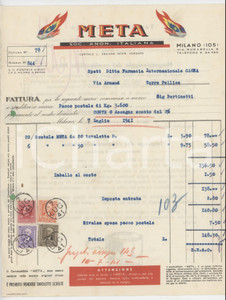 1941 MILANO Via Rugabella 8 - S.A. META Combustibile - Fattura commerciale Fattura commerciale d'epoca dattiloscritta, su carta intestata.Presenti marche da bollo.PAGINE: 2 facciate FAIR/discreto piegature d'epoca; fori da classificatore Formato: 22x28 cm originale e autentica 1