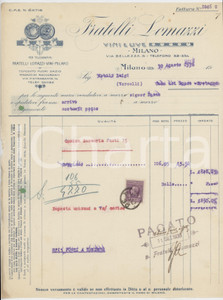 1936 MILANO Via Bellezza 8 - Fratelli LOMAZZI Vini e uve - Fattura commerciale