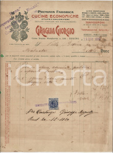 1920 TORINO C.so Regina Margherita - Giorgio GRAGLIA Cucine economiche - Fattura