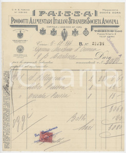 1936 TORINO Piazza S. Carlo 8 - P.A.I.S.S.A. Prodotti Alimentari S.A. - Fattura