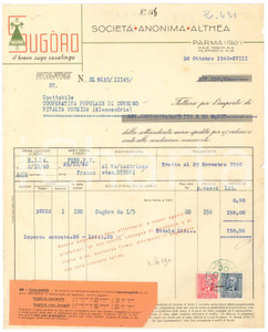 1940 PARMA Viale Toschi 6 - SocietÃ  Anonima ALTHEA - Fattura per sugo SUGÃ’RO Fattura commerciale d'epoca dattiloscritta, su carta intestata.Presenti marche da bollo.PAGINE: 1  POOR/danneggiato piegature d'epoca e gualciture; piccoli fori da spillatura; strappi e minima mancanza al lato destro; tracce di ruggine al verso; piccole macchie FORMATO: 22x27 cm originale e autentica 1