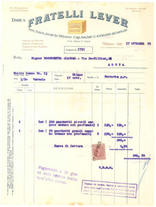 1929 MILANO Società Fratelli LEVER Sapone SUNLIGHT - Fattura (1)