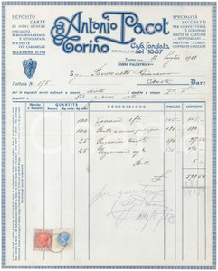1928 TORINO Corso Palestro 8 bis - Antonio PACOT Deposito carte - Fattura (3) Fattura commerciale d'epoca manoscritta, su carta intestata. Presenti marche da bollo.PAGINE: 1 FAIR/discreto piegature d'epoca; piccola macchia Formato: 22x28 cm originale e autentica 1