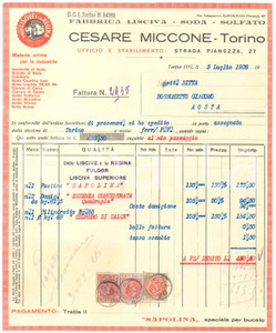 1926 TORINO Strada Pianezza 27 Cesare MICCONE Lisciva Soda Solfato - Fattura (1) Fattura commerciale d'epoca dattiloscritta, su carta intestata.Presenti marche da bollo.PAGINE: 1 FAIR/discreto piegature d'epoca Formato: 21x26 cm originale e autentica 1