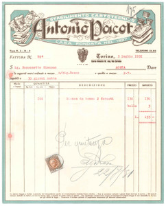 1931 TORINO C.so Venezia 10 Antonio PACOT Stabilimento cartotecnico *Fattura 5 Fattura commerciale d'epoca dattiloscritta, su carta intestata illustrata.Presente marca da bollo.PAGINE: 1  FAIR/discreto piegature d'epoca; fori da classificatore FORMATO: 22x27 cm originale e autentica 1