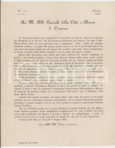 1871 CREMONA Canonico Luigi TOSI per i festeggiamenti del pontificato di PIO IX Documento d'epoca. FAIR/discreto Piegature d'epoca Formato: 22x27 cm originale e autentica 1