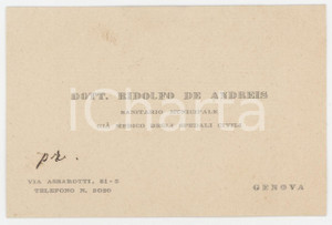 1920 ca GENOVA Dott. Ridolfo DE ANDREIS Sanitario municipale Biglietto da visita Biglietto da visita d'epoca, con notazione manoscritta.  GOOD/buono  Formato: 11x7 cm originale e autentica 1