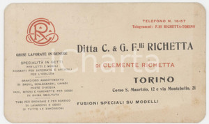 1930 ca TORINO C.so S. Maurizio - Ditta C. G. F.lli RICHETTA Ghise - Cartoncino Cartoncino pubblicitario d'epoca.Torino, Corso S. Maurizio n. 12 e via Montebello n. 21.  FAIR/discreto ingiallimenti marginali Formato: 12x7 cm originale e autentica 1