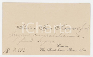 1922 GENOVA Alessio e Irene NANNINI - Biglietto da visita autografo Biglietto da visita con messaggio autografo.  GOOD/buono ma lieve piegatura al lato sinistro Formato: 10x6 cm originale e autentica 1