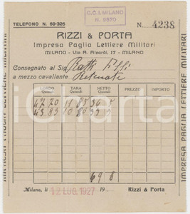 Documento originale, autentico 1927 MILANO Via A. Aleardi RIZZI & PORTA Paglia per lettiere Bolla consegna 1 1