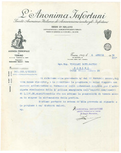 1934 TORINO Via Botero 18 L'Anonima Infortuni Società di Assicurazione - Lettera