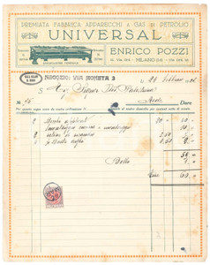 1928 MILANO Via Orti - Enrico POZZI Fabbrica UNIVERSAL Apparecchi a gas *Fattura