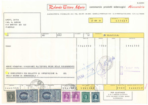 1964 ALESSANDRIA - Ditta ROLANDO ETTORE MARIO Prodotti siderurgici - Bolla (1) Bolla di spedizione d'epoca dattiloscritta, su carta intestata.Presenti marche da bollo.PAGINE: 1 FAIR/discreto piegature d'epoca; fori da classificatore; piccoli fori da spillatura; gualciture Formato: 30x21 cm originale e autentica 1