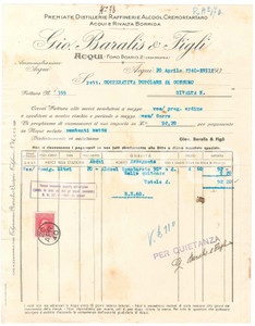 1940 ACQUI TERME (AL) - Gio. BARALIS & Figli Premiate distillerie - Fattura (1)