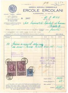 1941 ALESSANDRIA Ercole ERCOLANI Agenzia Agricola Commerciale *Fattura per grano