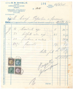 1936 ACQUI TERME (AL) - Ditta G. B. GHIGLIA Droghe Coloniali - Fattura