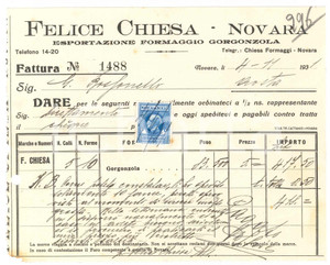 1931 NOVARA - Felice CHIESA Esportazione formaggio gorgonzola - Fattura (2)