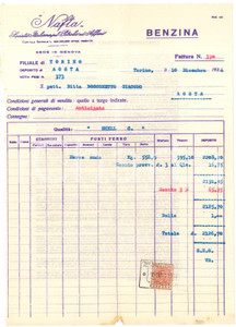 1926 GENOVA - NAFTA Società Italiana pel Petrolio ed Affini *Fattura per benzina