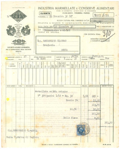 1930 GENOVA - Industria marmellate e conserve alimentari - Fattura commerciale