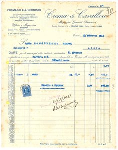 1931 TORINO Corso Dante 2 - CREMA & CAVALLERO Formaggi all'ingrosso *Fattura (2)