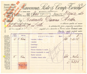 Documento originale, autentico 1931 TORINO C.so Vittorio Emanuele II 44  RAVENNA SISTO & Comp.  Zucchero 1