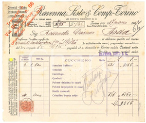 Documento originale, autentico 1931 TORINO C.so Vittorio Emanuele II 44  RAVENNA SISTO & Comp.  Zucchero 7 1