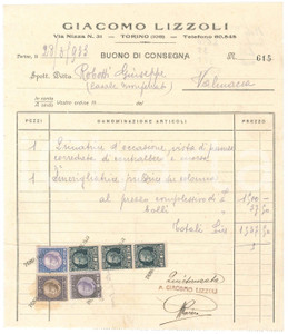 1933 TORINO Via Nizza 31 Giacomo LIZZOLI Macchinari d'occasione *Buono consegna Buono di consegna d'epoca manoscritto, su carta intestata.Presenti marche da bollo.PAGINE: 1 FAIR/discreto piegature d'epoca e gualciture Formato: 20x24 cm originale e autentica 1